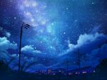  blurry bokeh building clouds commentary_request depth_of_field grass milky_way night night_sky no_humans original outdoors plant power_lines scenery sky star_(sky) starry_sky utility_pole vinci_v7 