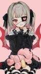 1girl :3 :d bangs bare_shoulders black_dress black_eyepatch black_ribbon blush blush_stickers commentary_request dress eyebrows_visible_through_hair eyepatch frills gotoh510 hair_intakes hair_ribbon hands_up heart heart_print highres lolita_fashion long_hair long_sleeves looking_at_viewer makaino_ririmu multicolored_hair nijisanji open_mouth pink_background pointy_ears red_eyes ribbon sitting smile solo striped striped_legwear stuffed_animal stuffed_bunny stuffed_toy thigh-highs translation_request virtual_youtuber 