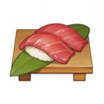  artist_request commentary english_commentary fish food food_focus genshin_impact leaf lowres no_humans official_art rice shiny still_life sushi third-party_source transparent_background tuna wood 