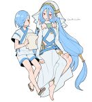  1boy 1girl anklet aqua_(fire_emblem_if) asymmetrical_legwear azura_(fire_emblem) bare_shoulders barefoot blue_hair breasts clothing_cutout cute detached_collar detached_sleeves do_m_kaeru dress eyebrows_visible_through_hair fire_emblem fire_emblem_14 fire_emblem_fates fire_emblem_if hair_between_eyes hair_ornament hair_over_one_eye hair_tubes holding holding_paper intelligent_systems japanese_clothes jewelry kimono long_hair looking_at_another medium_breasts moe mother_and_son nintendo open_mouth paper pendant sandals shigure_(fire_emblem) short_hair short_sleeves shorts simple_background sitting sleeveless sleeveless_dress smile strapless strapless_dress twitter_username uneven_legwear veil very_long_hair white_background white_dress white_kimono white_legwear white_shorts white_sleeves yellow_eyes younger 