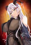  1girl aegir_(azur_lane) amadarel azur_lane bare_shoulders black_cape black_gloves bodystocking breast_curtains breasts cape covered_navel cross cross-laced_clothes cross_earrings demon_horns earrings elbow_gloves eyebrows_visible_through_hair from_below gloves hair_on_horn horns huge_breasts impossible_clothes iron_cross jewelry long_hair looking_at_viewer looking_down multicolored_hair redhead skin_tight smile solo streaked_hair underbust white_hair yellow_eyes 