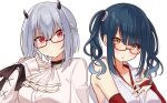  2girls absurdres black-framed_eyewear black_hair blush breasts brown_eyes closed_mouth collarbone eyebrows_visible_through_hair glasses grey_hair hakase_fuyuki highres horns japanese_clothes large_breasts long_sleeves looking_at_viewer medium_hair miko multiple_girls nijisanji parted_lips red-framed_eyewear red_eyes semi-rimless_eyewear twintails tyoko_tanuki16 under-rim_eyewear upper_body virtual_youtuber wavy_hair yamagami_karuta 