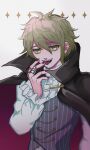  1boy amami_rantarou bangs black_cape cape center_frills cfbs1vykihkwxbw commentary_request dangan_ronpa_(series) dangan_ronpa_v3:_killing_harmony ear_piercing fangs frills green_eyes green_hair grey_background hair_between_eyes hand_up highres jacket jewelry long_sleeves looking_at_viewer male_focus official_alternate_costume open_mouth piercing red_cape red_nails ring shirt short_hair simple_background smile solo striped striped_shirt two-sided_cape two-sided_fabric upper_body vampire white_shirt 