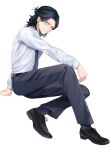  1boy alternate_hairstyle bangs black_footwear black_hair boku_no_hero_academia commentary_request eraser_head_(boku_no_hero_academia) facial_hair full_body highres invisible_chair long_hair long_sleeves looking_at_viewer male_focus necktie noizu_(noi_hr) official_alternate_costume pants scar scar_on_face shirt shirt_tucked_in shoes simple_background sitting solo stubble suspenders white_background white_shirt 