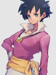  1girl black_hair blue_eyes breasts closed_mouth dragon_ball dragon_ball_z grey_background hand_on_hip kemachiku long_sleeves looking_at_viewer medium_breasts short_hair simple_background smile solo videl 