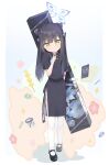  1girl :o absurdres animal_ears black_dress black_footwear black_hair blue_archive chinese_clothes commentary dress finger_to_mouth floral_print full_body green_eyes highres long_hair mary_janes shiwa_(siwaa0419) shoes shun_(blue_archive) white_legwear 