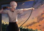  1boy arrow_(projectile) bangs boku_no_hero_academia bow_(weapon) clouds commentary_request drawing_bow hakama highres holding holding_bow_(weapon) holding_weapon japanese_clothes looking_to_the_side male_focus multicolored_hair noizu_(noi_hr) outdoors outstretched_arm profile redhead shirt short_hair short_sleeves sky solo sunset weapon white_hair 