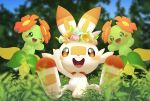  :d absurdres bellossom blurry blush brown_eyes commentary_request day gen_2_pokemon gen_8_pokemon grass highres no_humans one_eye_closed open_mouth outdoors pokemon pokemon_(creature) purobe scorbunny sitting smile toes tongue upper_teeth 
