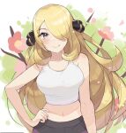  1girl bangs bare_arms black_pants blonde_hair breasts closed_mouth cynthia_(pokemon) english_commentary grey_eyes hair_ornament hair_over_one_eye hand_on_hip highres long_hair looking_at_viewer midriff navel pants pokemon pokemon_(game) pokemon_dppt smile solo spyg tank_top upper_body very_long_hair 