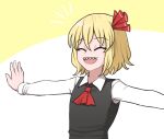  1girl ascot black_vest blonde_hair closed_eyes collared_shirt english_commentary eyebrows_visible_through_hair hair_ribbon highres mata_(matasoup) notice_lines outstretched_arms red_neckwear red_ribbon ribbon rumia sharp_teeth shirt short_hair simple_background smile solo spread_arms teeth touhou two-tone_background upper_body vest white_background white_shirt yellow_background 