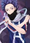  1boy blue_eyes blue_hair blue_shirt boku_no_hero_academia closed_mouth commentary_request grey_scarf hands_up highres holding long_sleeves looking_at_viewer male_focus mask mask_removed mouth_mask multicolored multicolored_clothes multicolored_scarf noizu_(noi_hr) purple_hair red_shirt scarf shinsou_hitoshi shirt solo spiky_hair striped u.a._gym_uniform upper_body white_shirt 