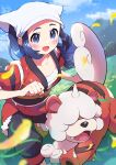  1girl :d absurdres akari_(pokemon) black_pants blue_hair blurry blush clenched_hand clouds collarbone commentary_request day eyelashes floating_hair grass grey_eyes head_scarf highres hisuian_form hisuian_growlithe jacket leaves_in_wind mountain open_mouth outdoors pants pokemon pokemon_(creature) pokemon_(game) pokemon_legends:_arceus pon_yui red_jacket shiny shiny_hair shoes sidelocks sky smile tongue white_headwear 