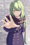  1other absurdres braid coat enkidu_(fate) fate/grand_order fate_(series) green_eyes green_hair highres keisou long_hair pavement reaching_out scarf smile 