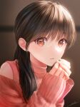  1girl bangs blurry blurry_background eyebrows_visible_through_hair highres long_hair looking_at_viewer off-shoulder_sweater off_shoulder ojay_tkym original revision signature solo sweater 