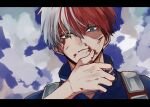  1boy bangs blood blood_on_face blue_shirt boku_no_hero_academia burn_scar clouds commentary_request day from_below grey_hair heterochromia highres letterboxed looking_at_viewer multicolored_hair noizu_(noi_hr) outdoors redhead scar scar_on_face shirt short_hair solo todoroki_shouto two-tone_hair upper_body white_hair 