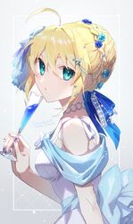  1girl :o ahoge alternate_costume aqua_eyes artoria_pendragon_(fate) bangs blonde_hair blue_bow blue_flower blue_ribbon blush bow braid choker commentary_request cup dress drink drinking_glass fate/grand_order fate/stay_night fate_(series) fingernails flower formal french_braid hair_between_eyes hair_flower hair_intakes hair_ornament hair_ribbon highres holding holding_cup holding_drink jewelry looking_at_viewer nail_polish open_mouth parted_lips purple_nails ribbon saber short_hair sidelocks signature sleeveless sleeveless_dress solo star_(symbol) star_hair_ornament tsuyukusa_(eeta7273) twitter_username upper_body white_dress 