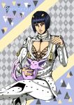  1boy argyle argyle_background bangs black_hair blue_eyes blue_hair bruno_buccellati cleavage_cutout clothing_cutout clover club_(shape) commentary_request crossover diamond_(shape) espeon gen_2_pokemon hair_ornament hairclip heart jacket jojo_no_kimyou_na_bouken kogawa_(kris_386k) male_cleavage male_focus pants pectorals pokemon pokemon_(creature) spade_(shape) triangle white_jacket white_pants 