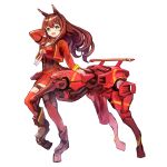  1girl :d absurdres animal_ears aqua_eyes arm_behind_head arm_up bangs blush bodice breasts brown_hair centaur commentary_request emutsuichi exoskeleton eyebrows_visible_through_hair floating_hair full_body hair_between_eyes highres horse_ears horse_girl horse_tail jacket large_breasts long_hair long_sleeves looking_at_viewer maruzensky_(umamusume) mecha_musume open_mouth pleated_skirt red_jacket red_legwear red_shirt red_skirt shirt sidelocks simple_background skirt smile solo standing standing_on_three_legs tail taur thigh-highs thigh_strap umamusume white_background white_neckwear zettai_ryouiki 