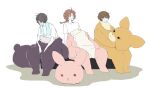  3boys black_hair braid braided_ponytail brown_hair gintama glasses kamui_(gintama) multiple_boys okita_sougo shirt simple_background sitting sweat takasugi_shinsuke towel towel_around_neck white_background white_shirt yuka_(oyku) 