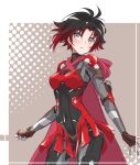  1girl alternate_costume armor armored_skirt black_hair bodysuit boots breasts cape cowboy_shot english_commentary fingerless_gloves gloves grey_eyes highres iesupa parted_lips power_armor red_armor red_cape redhead ruby_rose rwby short_hair shoulder_armor solo 