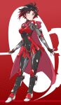  1girl alternate_costume armor armored_boots armored_skirt black_hair bodysuit boots breasts cape english_commentary fingerless_gloves full_body gloves grey_eyes highres iesupa parted_lips power_armor red_armor red_cape redhead ruby_rose rwby short_hair shoulder_armor silhouette solo 