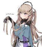  1girl absurdres arknights bangs blush brown_hair closed_mouth eyebrows_visible_through_hair gloves hair_ornament highres indigo_(arknights) long_hair pointy_ears raw_egg_lent snake_tail solo tail turtleneck very_long_hair violet_eyes 