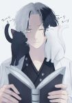  1boy absurdres animal_on_shoulder black_cat black_hair black_kimono book cat cat_on_shoulder collarbone haori highres holding holding_book jacket japanese_clothes kimono looking_at_viewer male_focus multicolored_hair one_eye_closed open_book original simple_background slit_pupils solo straight-on tsuki_mitsu two-tone_hair upper_body white_background white_cat white_hair white_jacket 