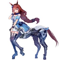  1girl :d absurdres animal_ears bag bangs bare_shoulders blue_coat blue_eyes blue_legwear blue_scarf bow braid braided_ponytail breasts brown_hair centaur coat commentary_request dress ear_bow emutsuichi exoskeleton floating_hair full_body hair_between_eyes hand_on_own_cheek hand_on_own_face hand_up handbag highres horse_ears horse_girl horse_tail large_breasts long_hair looking_at_viewer low-tied_long_hair mecha_musume off_shoulder open_mouth scarf shirt sidelocks simple_background smile solo standing standing_on_three_legs super_creek_(umamusume) tail taur thigh-highs umamusume white_background white_dress wrist_cuffs zettai_ryouiki 