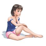 1girl absurdres arm_on_knee bangs barefoot bob_cut brown_eyes brown_hair commentary hand_on_own_chin highres kisugizumi knee_up looking_ahead loungewear off_shoulder open_mouth original pink_shorts shadow short_hair short_shorts shorts simple_background solo strap_slip tank_top white_background 