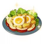  apple artist_request commentary egg english_commentary food food_focus fruit genshin_impact lettuce lowres no_humans official_art plate potato salad sparkle still_life third-party_source transparent_background 