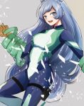  1girl :d bangs blue_bodysuit blue_eyes blue_hair bodysuit boku_no_hero_academia breasts commentary_request covered_collarbone drill_hair gloves glowing green_bodysuit grey_background hadou_nejire highres long_hair looking_at_viewer noizu_(noi_hr) open_mouth orange_gloves simple_background skin_tight smile solo teeth very_long_hair white_bodysuit white_gloves 