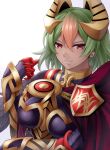  1girl armor bangs black_armor breastplate cloak dark-skinned_female dark_skin earrings feather_trim fire_emblem fire_emblem_heroes gauntlets gradient_hair green_hair hair_ornament hand_up jewelry laegjarn_(fire_emblem) lipstick looking_at_viewer makeup medium_hair multicolored_hair orange_hair red_eyes solo ten_(tenchan_man) white_background 