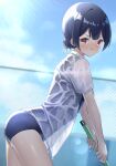  1girl :t ass bad_face black_hair blurry blurry_background blush closed_mouth hair_bun highres idolmaster idolmaster_shiny_colors looking_at_viewer matsushika mop morino_rinze outdoors pool red_eyes school_swimsuit see-through shirt sky solo standing swimsuit thighs tied_hair wet wet_clothes white_shirt 