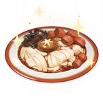  artist_request commentary english_commentary food food_focus genshin_impact lowres meat mushroom no_humans noodles official_art plate sparkle still_life third-party_source transparent_background 