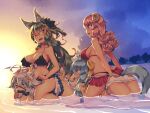  4girls ahoge all_fours animal_ear_fluff animal_ears bdsm beach bikini bit_gag black_bikini blue_eyes blue_hair breasts clouds cloudy_sky commentary_request curly_hair day fang femdom flip-flops frilled_bikini frills from_side gag gathers green_eyes green_hair horns kuromiya kuromiya_raika kuzakura_mika large_breasts long_hair looking_back multicolored_hair multiple_girls one-piece_swimsuit one_eye_closed original outdoors partially_submerged pink_hair pony_play red_bikini reins riding sandals sheep_horns shiromiya_asuka short_hair sitting sitting_on_person sky souma_ren stirrups strap_gap sunset swimsuit tail two-tone_hair violet_eyes water white_bikini white_swimsuit 