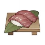  artist_request commentary english_commentary fish food food_focus genshin_impact leaf lowres muted_color no_humans official_art rice shiny still_life sushi third-party_source transparent_background tuna wood 