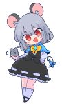  1girl animal_ears bangs black_footwear capelet dowsing_rod dress grey_dress grey_hair grey_skirt grey_vest highres holding jewelry layered_clothing long_sleeves mary_janes mouse mouse_ears mouse_girl mouse_tail nazrin op_na_yarou pendant red_eyes shirt shoes short_hair simple_background skirt skirt_set smile socks tail touhou vest white_background white_legwear white_shirt 