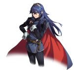  1girl armor bangs belt black_gloves black_pants black_sweater blue_cape blue_eyes blue_hair breastplate cape closed_mouth commentary eyebrows_visible_through_hair fingerless_gloves fire_emblem fire_emblem_awakening gloves hair_between_eyes hair_ornament long_hair lucina_(fire_emblem) original_nasu pants red_cape ribbed_sweater shoulder_armor sidelocks simple_background smile solo sweater tiara turtleneck turtleneck_sweater two-tone_cape upper_body white_background wrist_cuffs 
