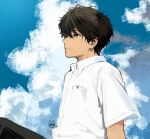  1boy artist_logo bangs breast_pocket brown_hair brown_pants closed_mouth clouds collared_shirt day from_side green_background green_eyes hair_between_eyes highres hyouka looking_at_viewer male_focus mery_(yangmalgage) oreki_houtarou outdoors pants pocket school_uniform shirt short_hair short_sleeves solo upper_body white_shirt 