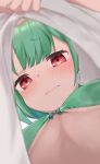  1girl absurdres ayama_nano blurry blush bra depth_of_field embarrassed eyebrows_visible_through_hair flat_chest from_below frown green_bra green_hair highres hololive red_eyes solo underwear upshirt uruha_rushia virtual_youtuber 