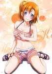  1girl absurdres bangs bikini bikini_shorts blue_eyes blush bow brown_hair closed_mouth collarbone diagonal_stripes eyebrows_visible_through_hair full_body hair_between_eyes hair_bow halterneck hands_on_feet highres kousaka_honoka long_hair looking_at_viewer love_live! love_live!_school_idol_project nanno_koto navel orange_background page_number shiny shiny_hair short_shorts shorts side_ponytail sitting smile solo striped striped_background striped_bikini striped_shorts swimsuit wariza yellow_bow 