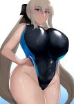  bangs black_swimsuit blue_swimsuit braid breasts closed_mouth commentary_request competition_swimsuit covered_navel cowboy_shot eyebrows_visible_through_hair fate/grand_order fate_(series) gradient gradient_background hair_between_eyes hair_ribbon hand_on_hip highres huge_breasts light_blue_eyes long_hair morgan_le_fay_(fate) one-piece_swimsuit platinum_blonde_hair ribbon sidelocks simple_background standing swimsuit thick_thighs thighs twintails two-tone_swimsuit very_long_hair wet wide_hips yukimaro_yukkii 