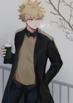  1boy alternate_costume bakugou_katsuki bangs black_jacket black_pants black_shirt blonde_hair boku_no_hero_academia branch collared_shirt commentary_request cowboy_shot cup disposable_cup eyebrows_visible_through_hair grey_background hand_in_pocket highres holding jacket looking_to_the_side male_focus noizu_(noi_hr) open_clothes pants shirt solo spiky_hair 