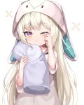  1girl animal_hood arm_up bangs blonde_hair blush closed_mouth commentary_request eyebrows_visible_through_hair fang hand_up highres holding holding_pillow hood long_hair long_sleeves looking_at_viewer mannack maplestory one_eye_closed orchid_(maplestory) pillow shirt skin_fang sleepy solo tears upper_body violet_eyes white_background white_shirt wide_sleeves 