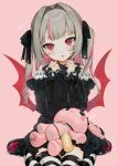  1girl :3 :o bangs bare_shoulders black_dress black_ribbon blush blush_stickers commentary_request dress eyebrows_visible_through_hair frills gotoh510 hair_intakes hair_ribbon hands_up heart highres lolita_fashion long_hair long_sleeves looking_at_viewer makaino_ririmu multicolored_hair nijisanji open_mouth pink_background pointy_ears red_eyes ribbon sitting smile solo striped striped_legwear stuffed_animal stuffed_bunny stuffed_toy thigh-highs translation_request virtual_youtuber 