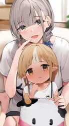  2girls ahoge alternate_costume asymmetrical_hair bare_legs barefoot black_shorts blonde_hair blue_ribbon blurry blurry_background blush braid braided_ponytail casual child commentary couch dark-skinned_female dark_skin eyebrows_visible_through_hair finger_to_mouth foot_out_of_frame french_braid green_eyes hair_between_eyes hair_over_shoulder hair_ribbon head_tilt highres hololive indoors kintsuba_(shiranui_flare) looking_at_viewer medium_hair multicolored_hair multiple_girls niii_(memstapak) open_mouth orange_eyes parted_lips pointy_ears ribbon shiranui_flare shirogane_noel shirt short_hair short_shorts short_sleeves shorts silver_hair sitting sitting_on_lap sitting_on_person smile streaked_hair stuffed_cow sunlight symbol-only_commentary two-tone_hair virtual_youtuber wariza white_hair white_shirt younger 