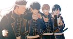  4boys arm_over_shoulder black_hair closed_eyes coat gintama grin hijikata_toushirou kataruruni kondou_isao light_brown_hair male_focus mayonnaise military military_uniform multiple_boys okita_sougo police sheath sheathed shinsengumi_(gintama) short_hair smile smoking sword uniform weapon yamazaki_sagaru 