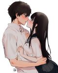  1boy 1girl artist_logo black_hair black_sailor_collar blush chitanda_eru commentary_request couple dress_shirt eye_contact green_eyes grey_neckwear hetero highres hyouka incoming_kiss kamiyama_high_school_uniform long_hair looking_at_another mery_(yangmalgage) neck_ribbon nose_blush open_mouth oreki_houtarou ribbon sailor_collar sailor_shirt school_uniform shirt short_sleeves simple_background violet_eyes white_background white_shirt 