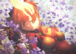  1girl absurdres bangs breasts closed_eyes commentary flower flower_request hand_on_another&#039;s_head highres huge_filesize killert_0401 lips long_hair neon_genesis_evangelion orange_hair out_of_frame parted_lips plugsuit sleeping small_breasts solo_focus souryuu_asuka_langley tearing_up upper_body white_background 