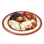  artist_request commentary english_commentary food food_focus genshin_impact lowres meat mushroom no_humans noodles official_art plate still_life third-party_source transparent_background 